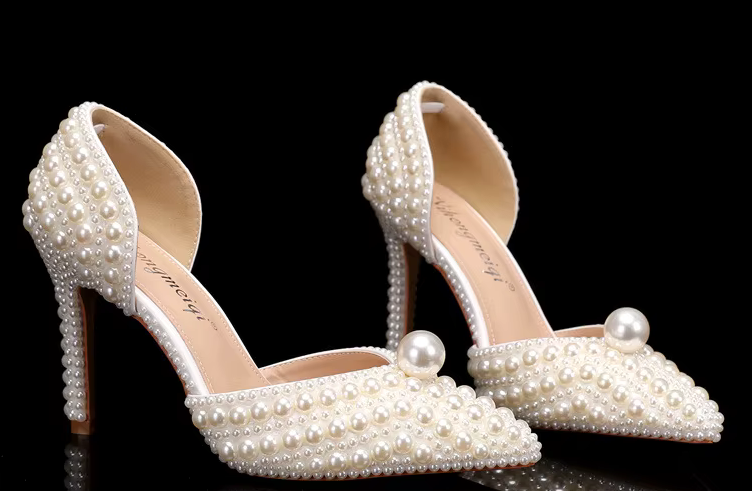 Designer Pearl Ivory High Heel Wedding Shoes & Matching Bag