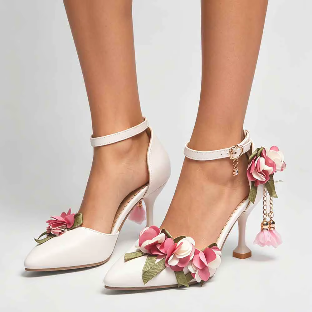 White or Pink Wedding Shoes with Flowers upto Size 9