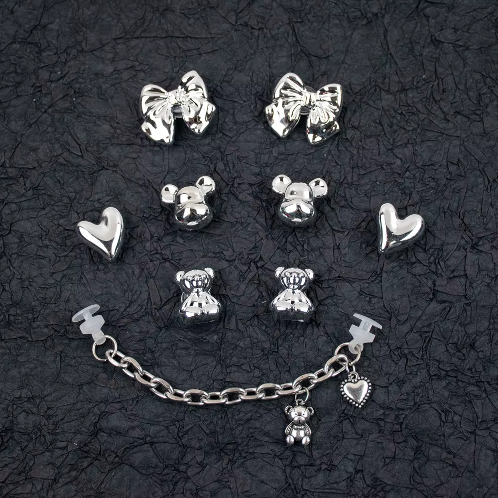 Pack of 9 CROC Charms Silver Heart Teddy Bows
