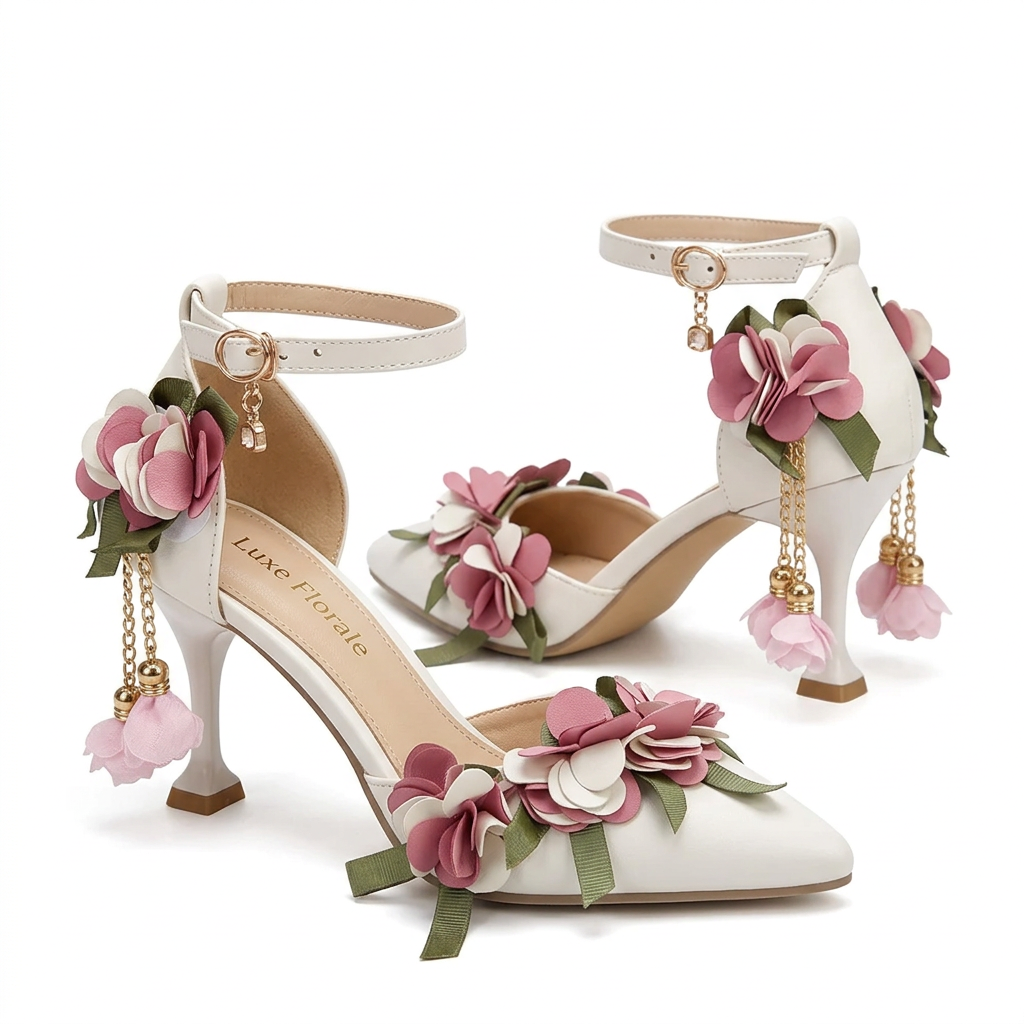 White or Pink Wedding Shoes with Flowers upto Size 9