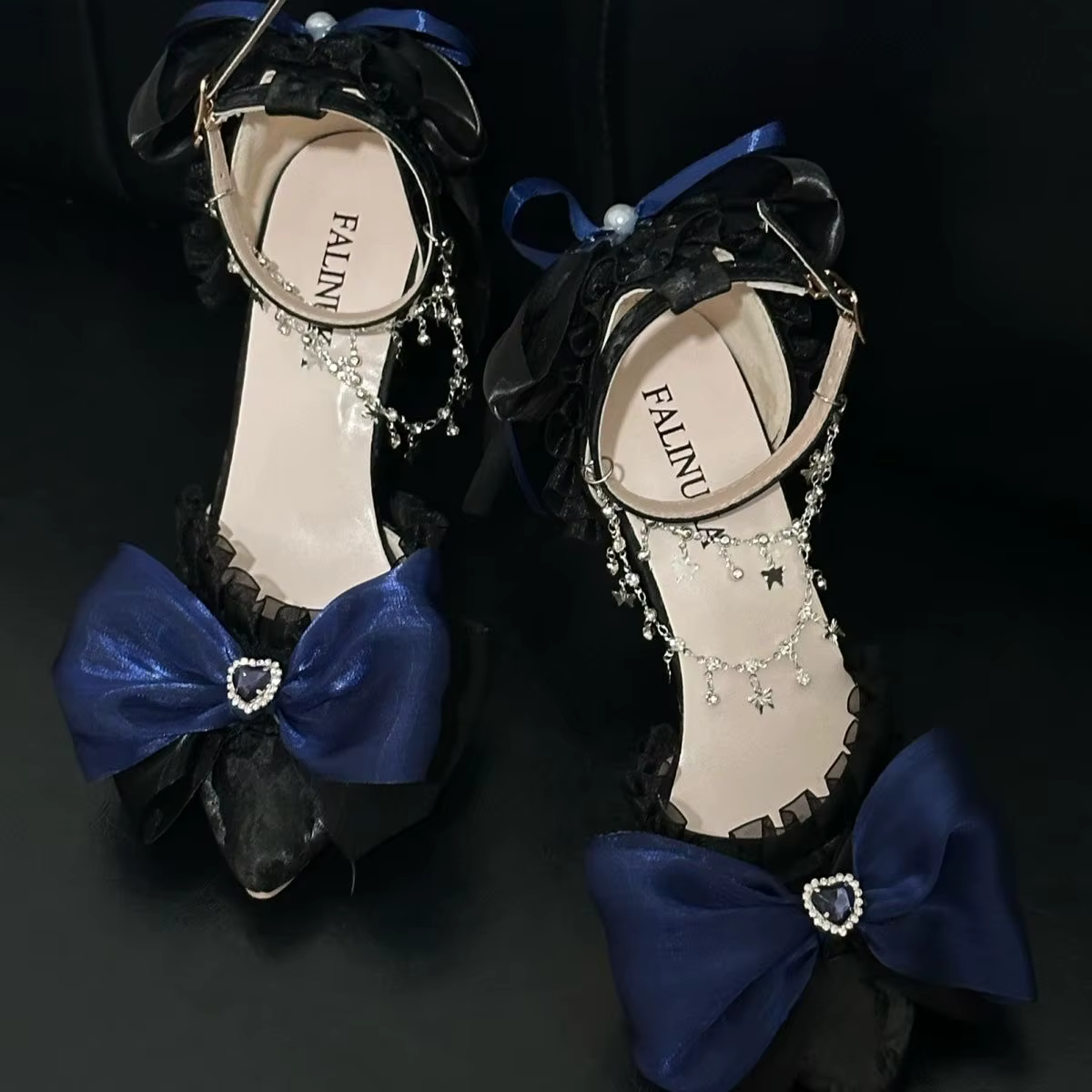 Black Goth Fairytale Shoes with Blue Bows, Jewels & Anklet