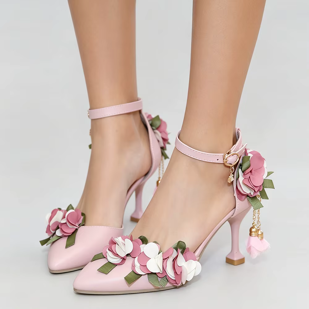 White or Pink Wedding Shoes with Flowers upto Size 9