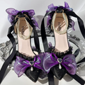 Black Y2K Lolita High Heel Shoes with Purple Bows & Pearl Strap