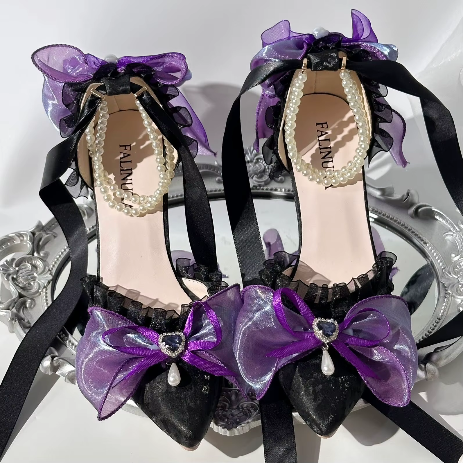 Black Y2K Lolita High Heel Shoes with Purple Bows & Pearl Strap