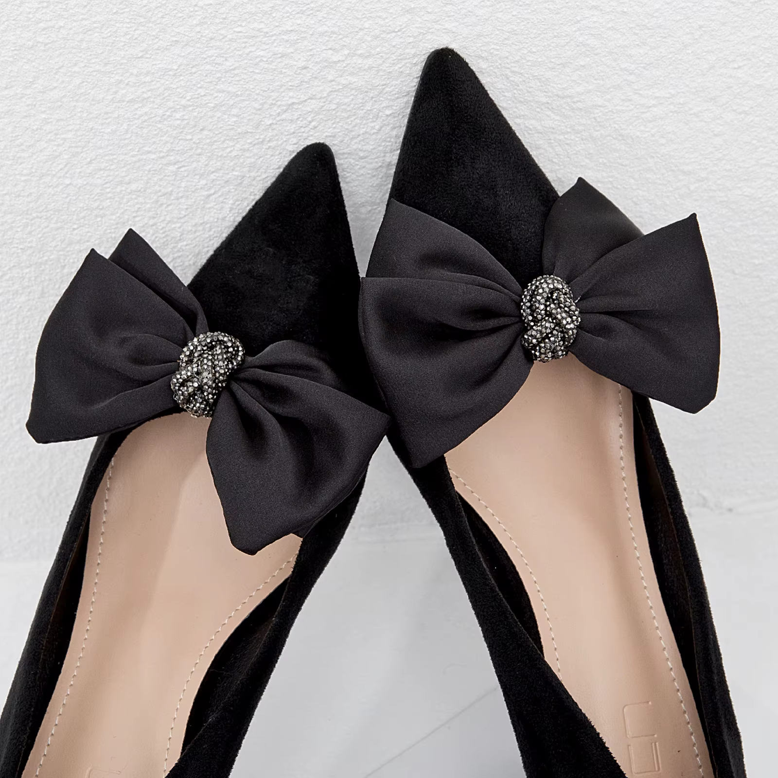 Pair of Black Satin Shoe Charms with Silver Lovers Knot