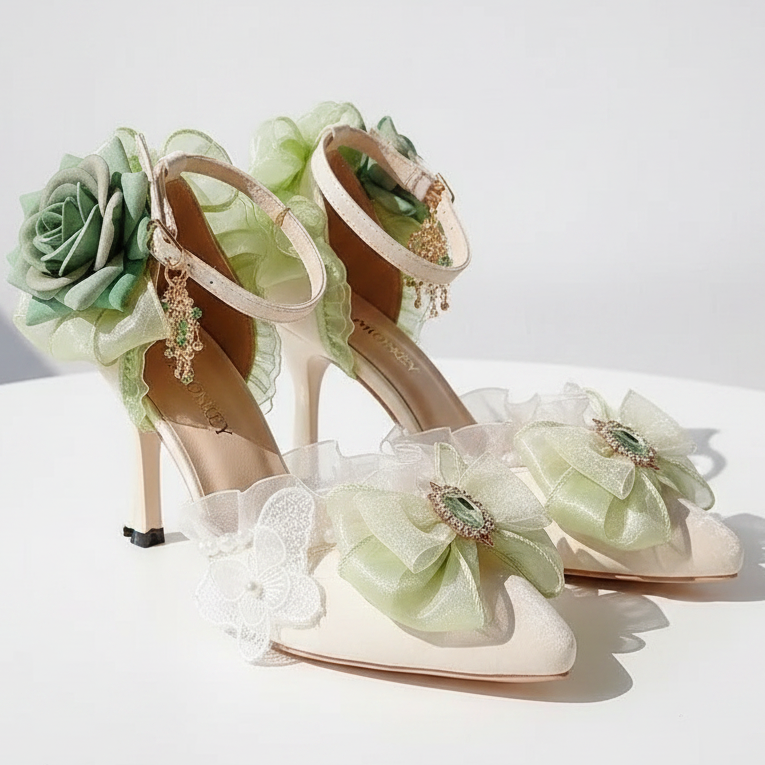 A pair of embellished high-heeled sandals with pale green satin roses, white lace butterflies, and faux succulent details, displayed on a light surface with decorative shadows.
