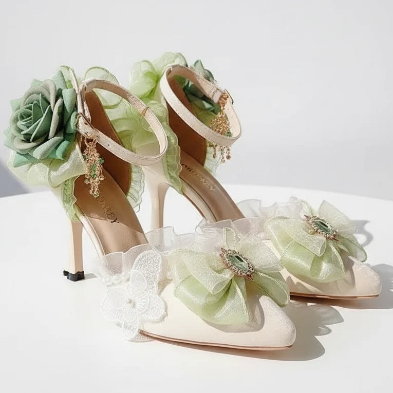 White with Green Roses & Anklet Shoes Fairytale Wedding