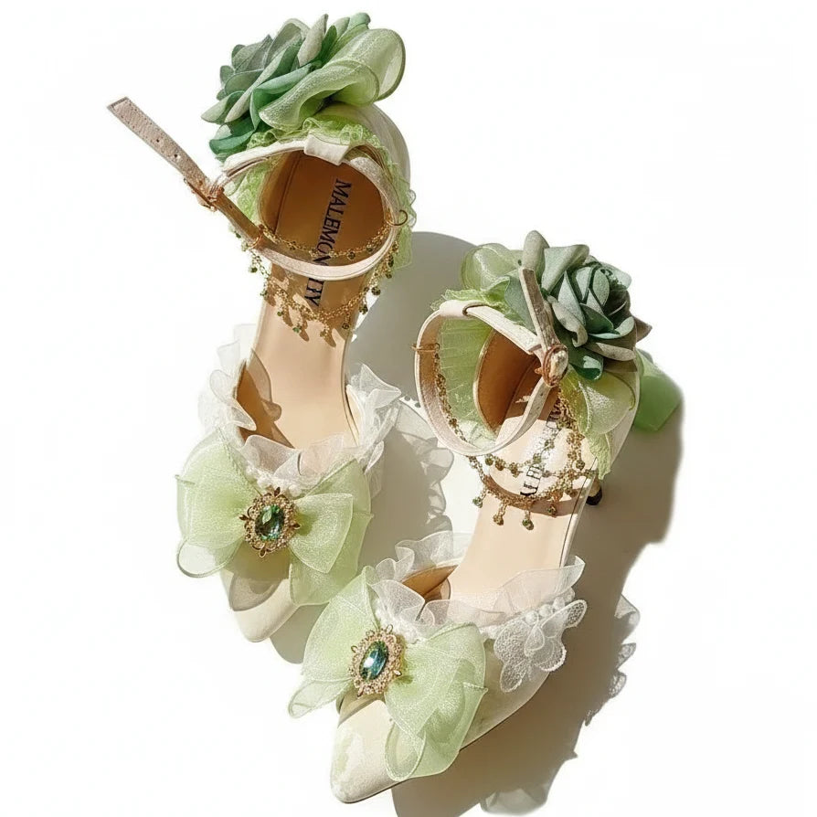 White with Green Roses & Anklet Shoes Fairytale Wedding