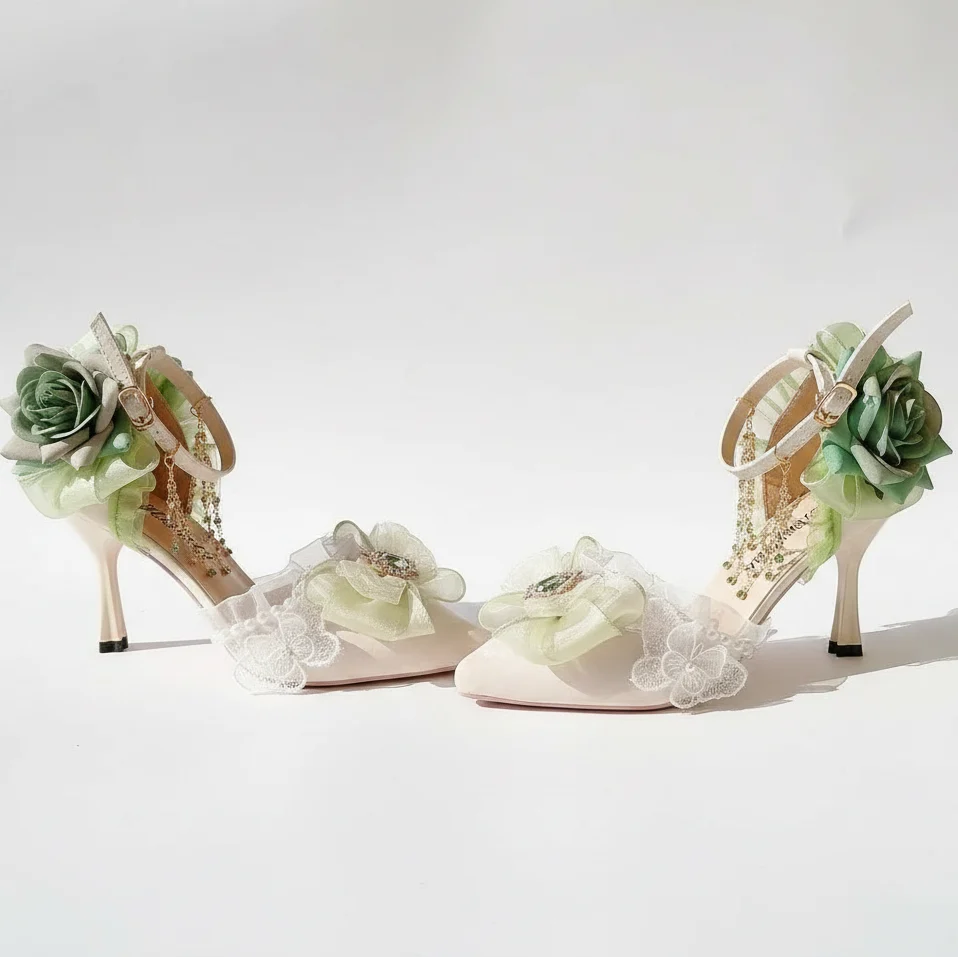 White with Green Roses & Anklet Shoes Fairytale Wedding
