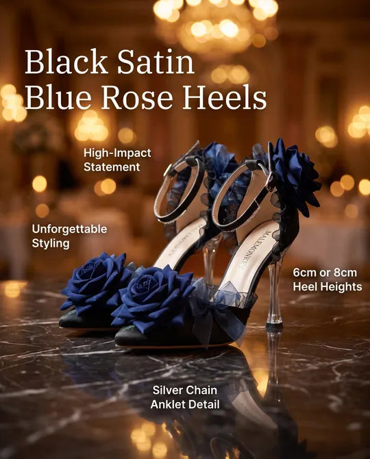 Black High Heel Party Shoes with Blue Roses & Silver Anklet