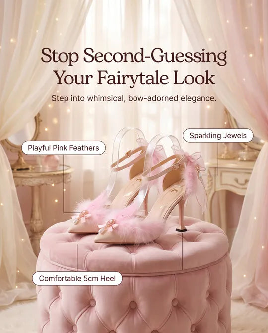 Cute Pink Peacock Feather High Heel Jewel Shoes with Bow