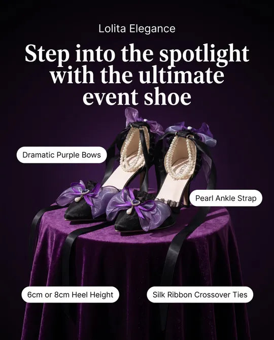 Black & Purple High Heel Lolita Pumps with Pearl Strap