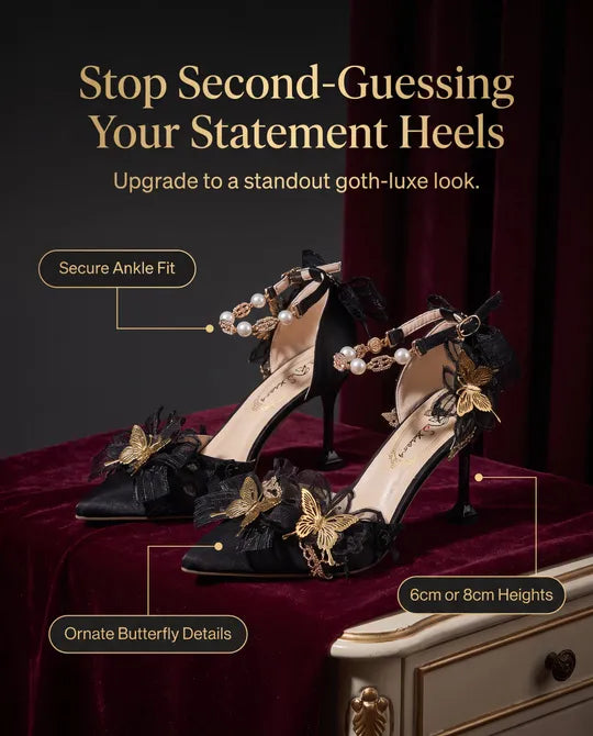 Black Pointed Toe High Heel Shoes with Gold Butterfly and Bows