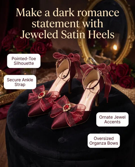 Luxury High Heel Shoes Black or Red Satin with Bows & Jewels
