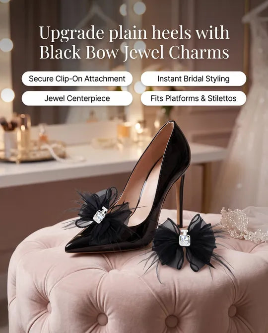 Black Bow with Feathers & Jewel Shoe Charms