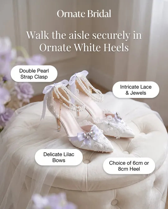 Ornate White Bridal Shoes with Lilac Purple Bows & Pearl Straps