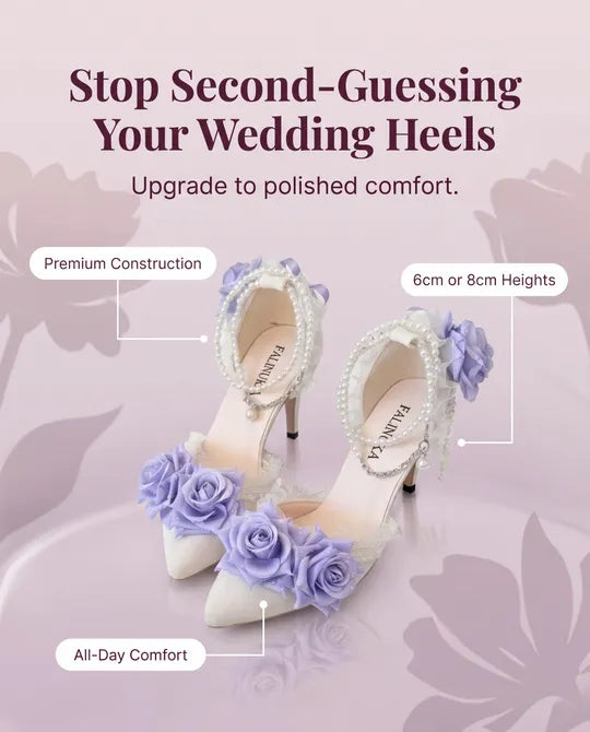 White High Heel Lolita Wedding Shoes with Lilac Purple Roses & Pearls