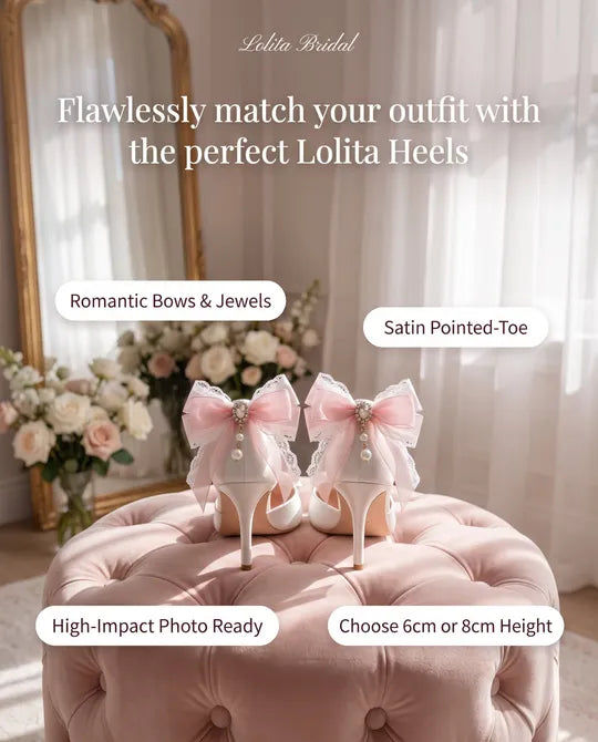 White & Pink High Heeled Lolita Wedding Shoes Up to Size 8