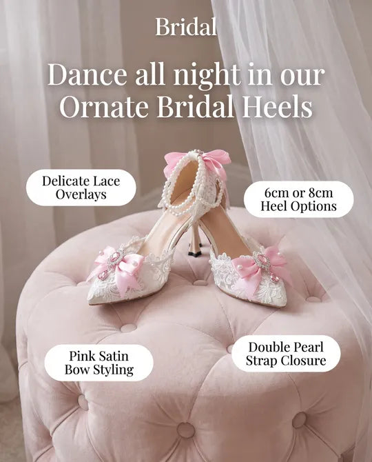Ornate White Bridal Shoes with Pink Bows & Jewels