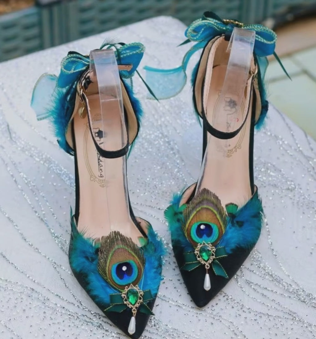 Elegant Peacock Feather High Heel Shoes with Bow