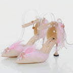 Cute Pink Peacock Feather High Heel Embellished Shoes with Bow