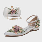 White Wedding Shoes with 3D Flowers Flat or High Heel & Bag