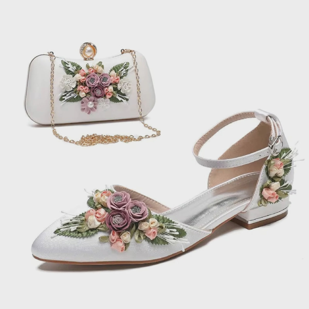 White Wedding Shoes with 3D Flowers Flat or High Heel & Bag
