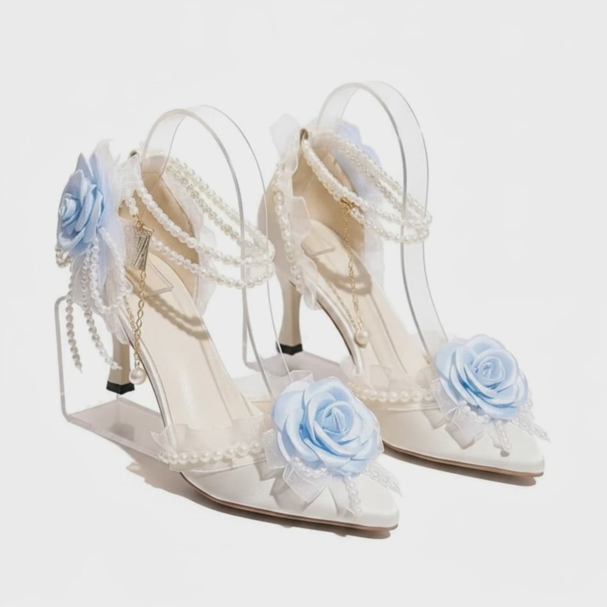 Ornate White High Heel Lolita Wedding Shoes with Light Blue Roses