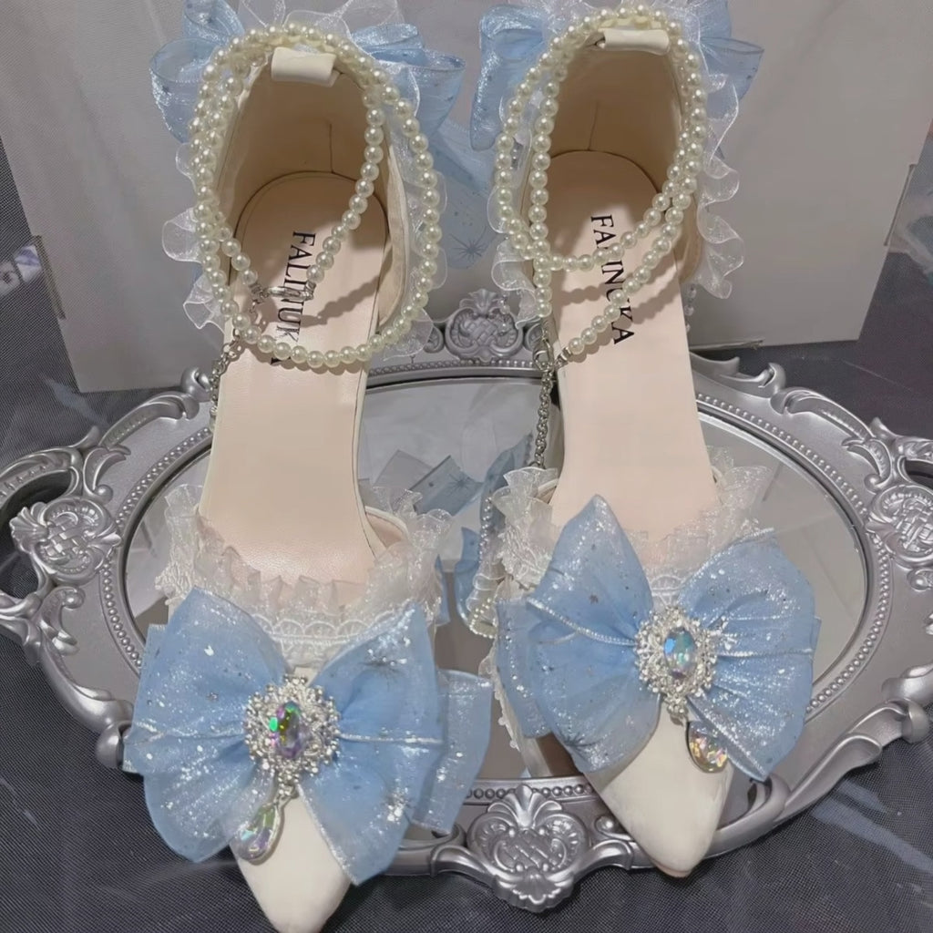 White Wedding Embellished Stiletto Heels with Blue or Pink Decal