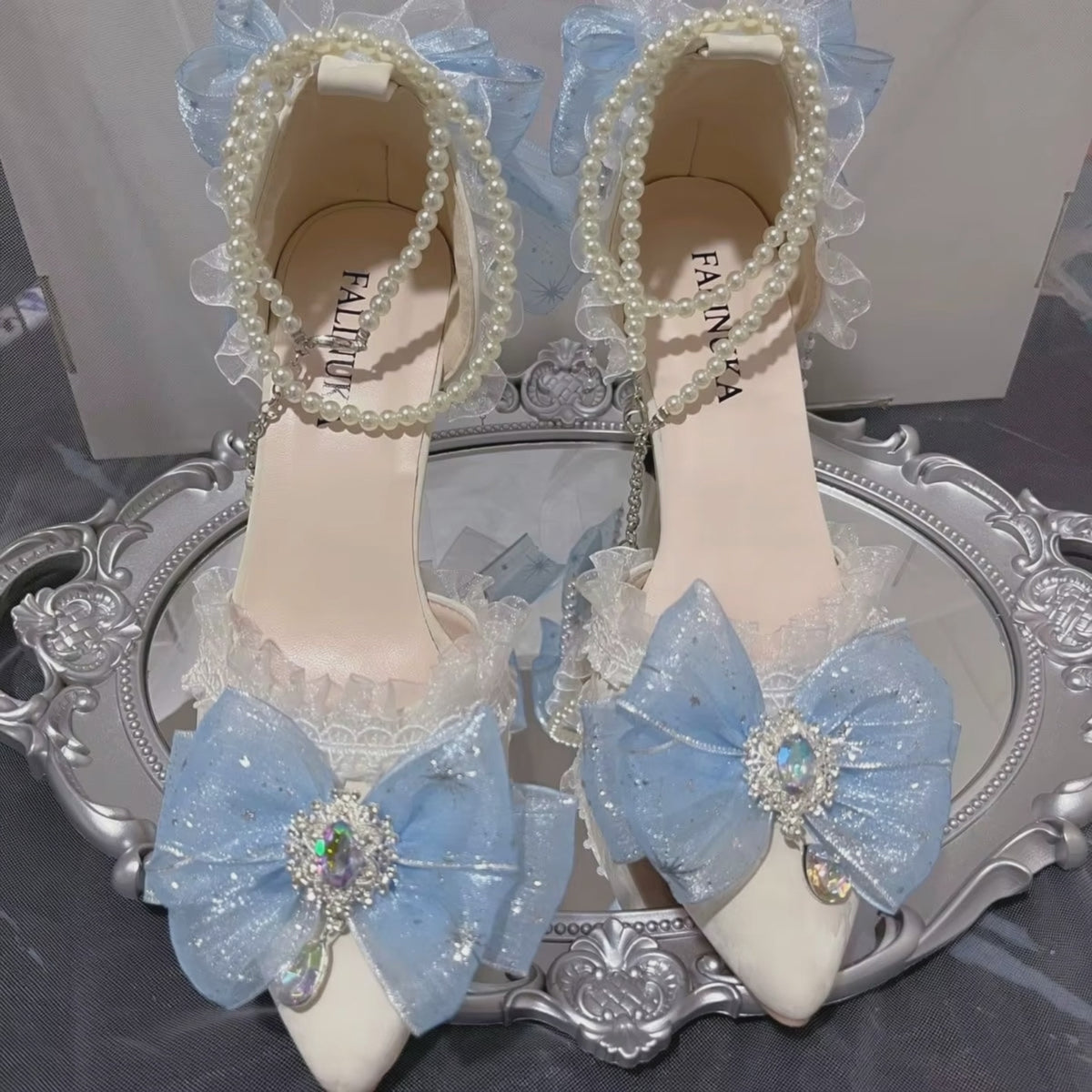 White Wedding Embellished Stiletto Heels with Blue or Pink Decal