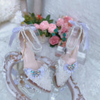 Ornate White Bridal Shoes with Lilac Purple Bows & Pearl Straps
