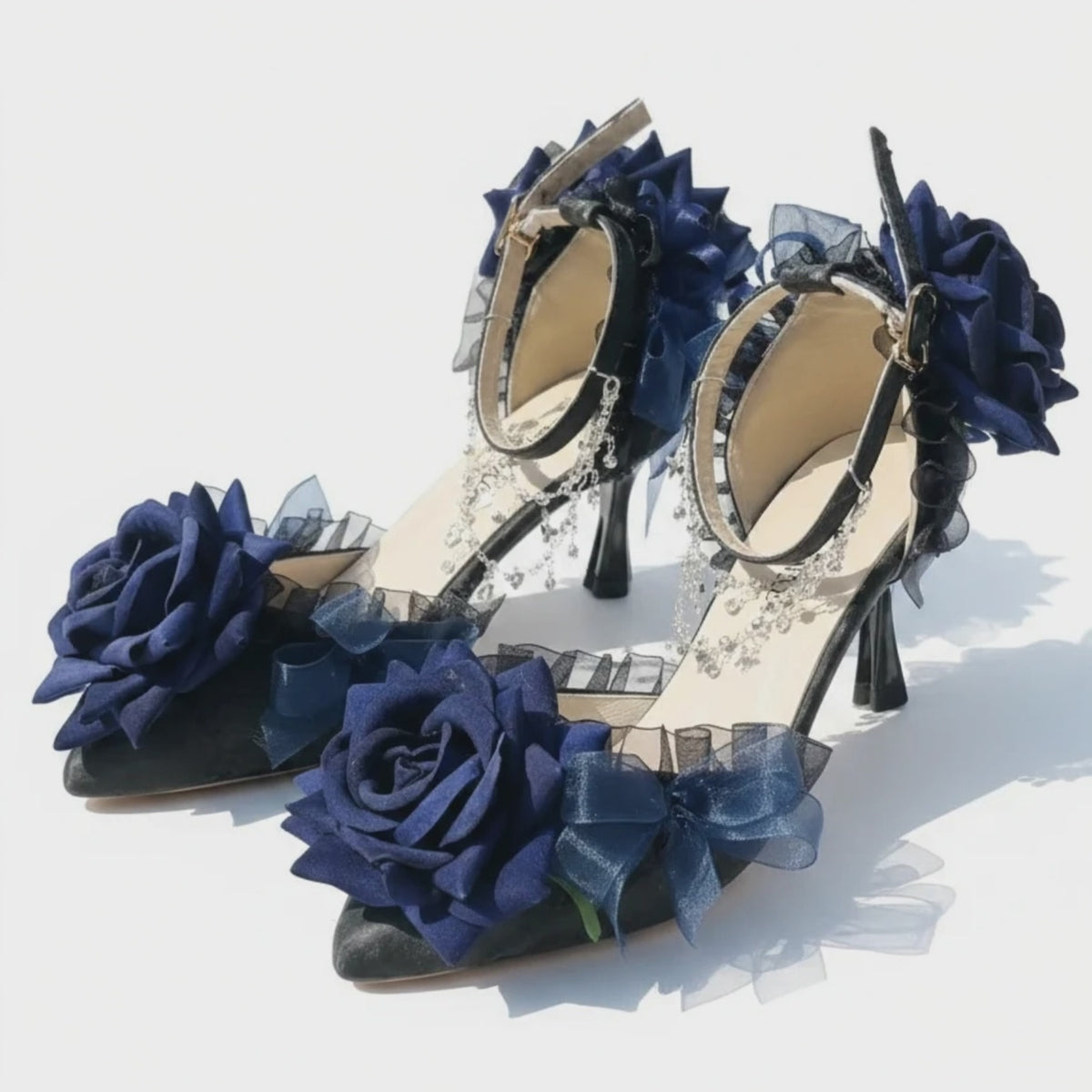Black High Heel Ornate Shoes with Blue Roses & Silver Anklet