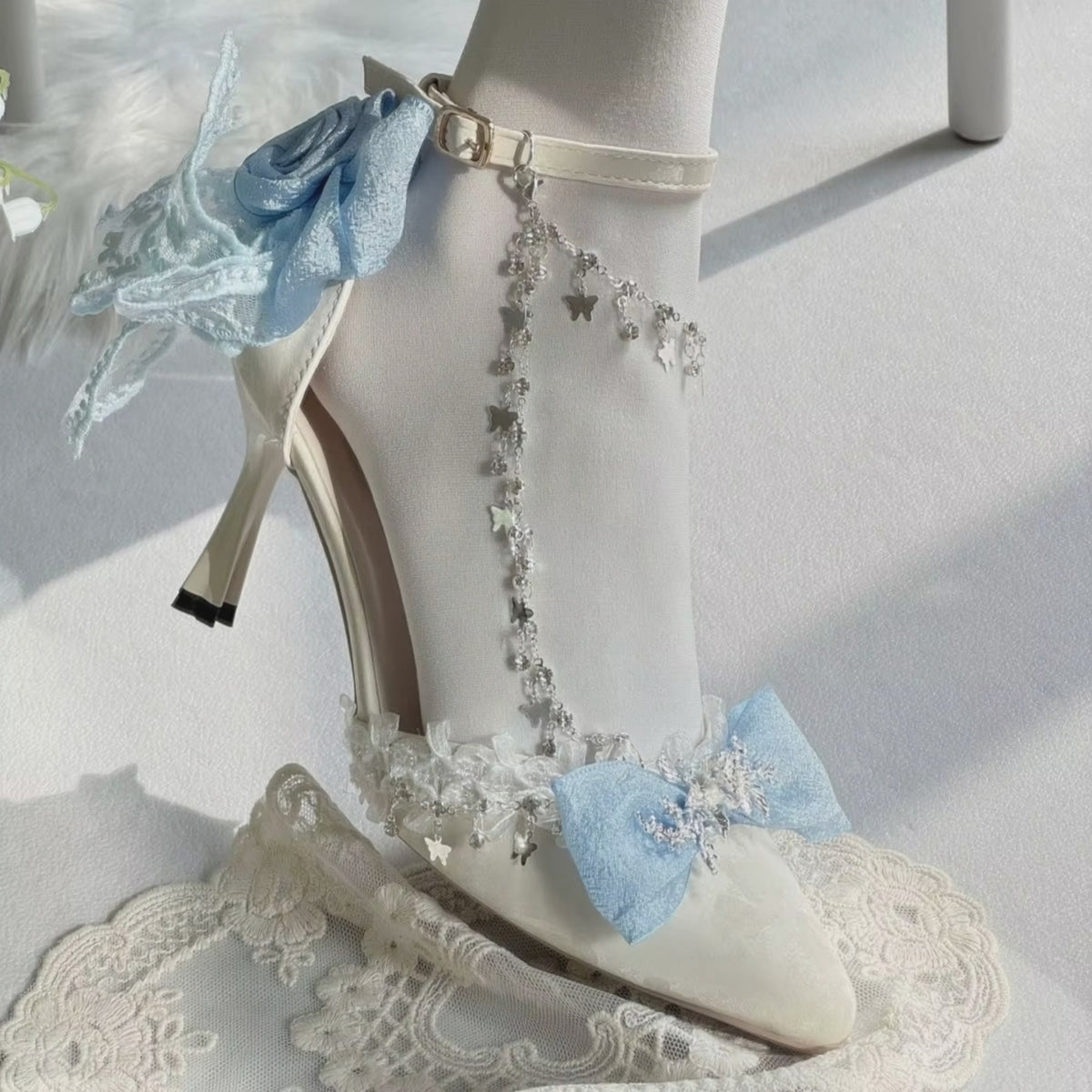 White Satin High Heel Shoes with Blue Bows & Silver Anklet