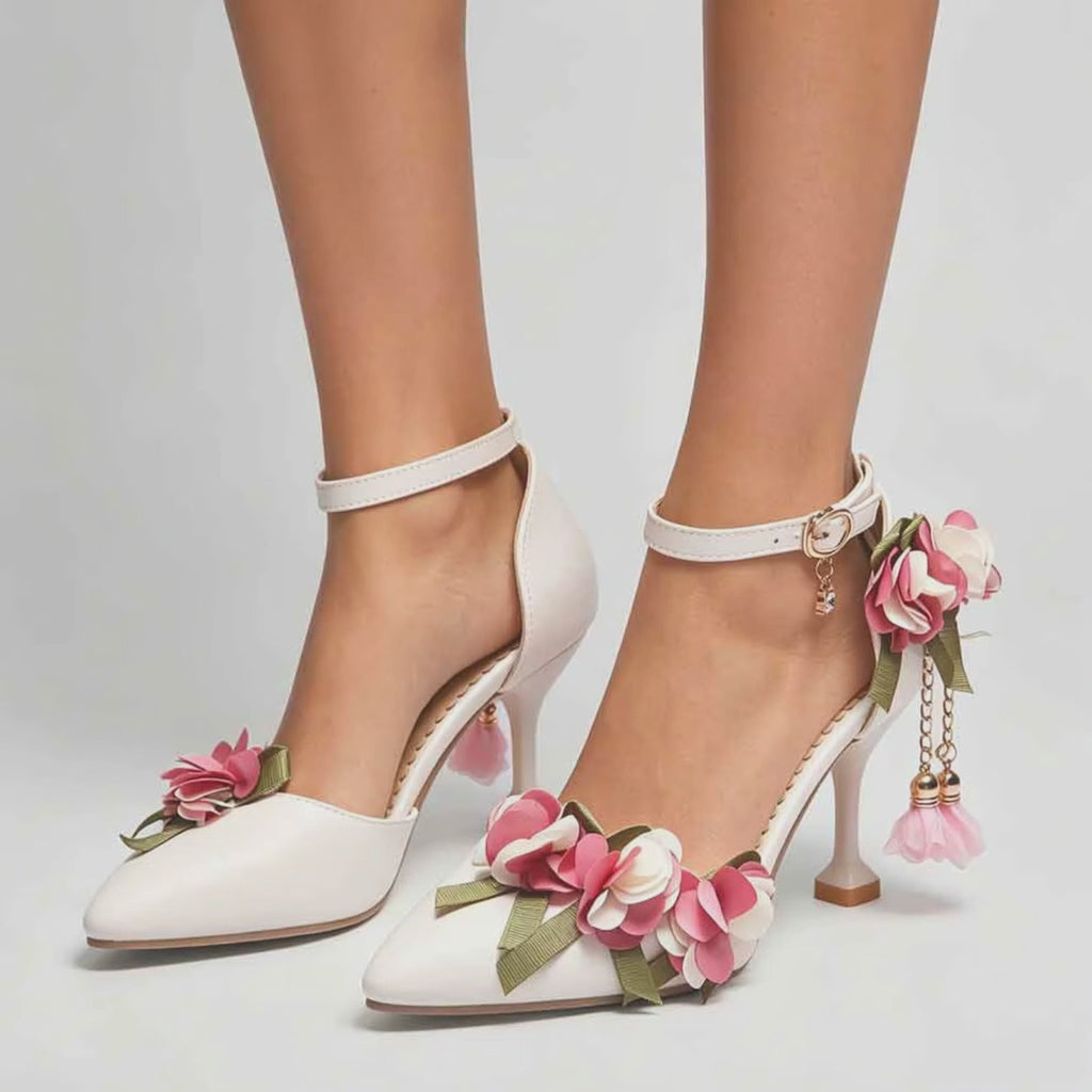 White or Pink Wedding Shoes with Flowers upto Size 9