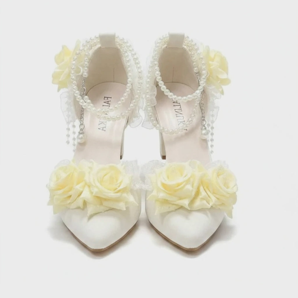 White High Heel Lolita Wedding Shoes with Yellow Roses & Pearls