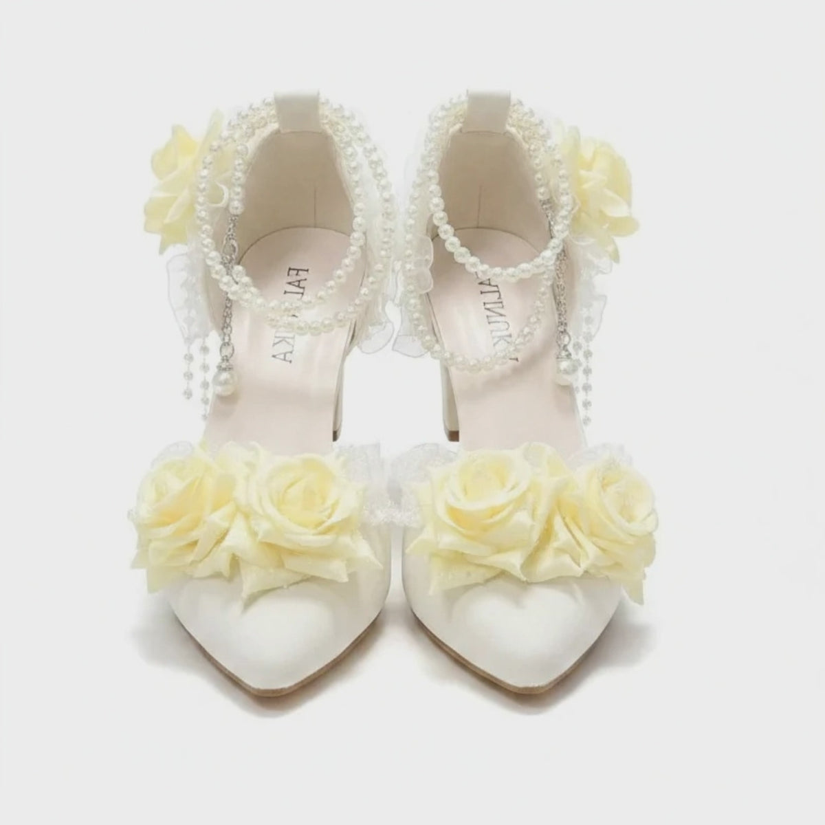 White High Heel Lolita Wedding Shoes with Yellow Roses & Pearls