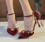 Red Luxury Stiletto Heel Pumps with Gold Butterfly & Silver Charms