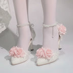 Luxury Bridal Heels Shoes with Pink Roses & Pearl Straps