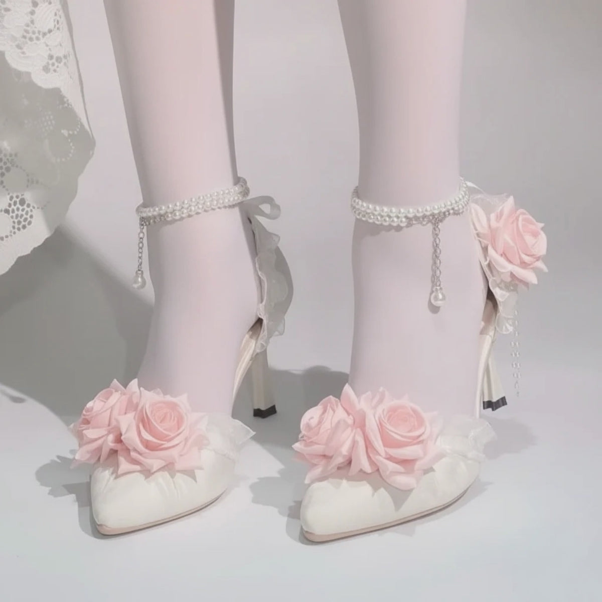 Luxury Bridal Heels Shoes with Pink Roses & Pearl Straps