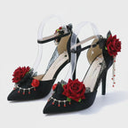 Stunning Black Jewelled High Heel Shoes with Red Roses