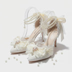 Embellished Stiletto Heel White Satin Jewlled Wedding Shoes