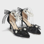 Black High Heel Shoes with Bows & Double Pearl Strap