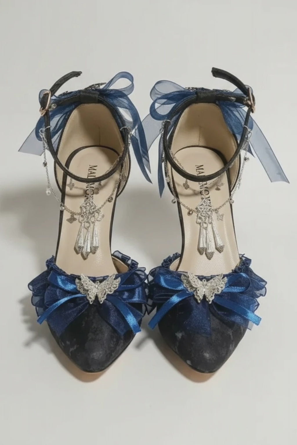 Black High Heel Pumps with Electric Blue Bows & Silver Butterfly