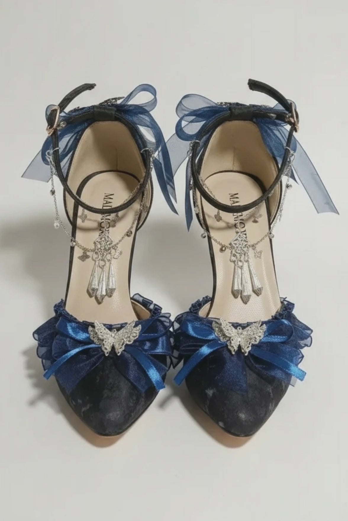 Black High Heel Pumps with Electric Blue Bows & Silver Butterfly