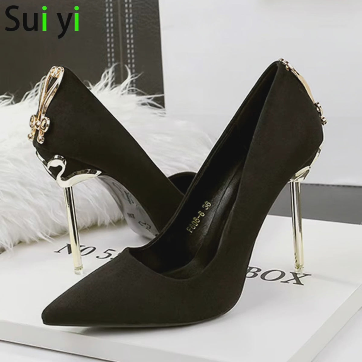 Black Satin Evening Pumps with Gold Stiletto Heel Shoes