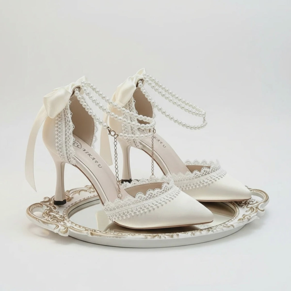 Elegant Ivory White Satin Lolita Wedding Shoes with Pearl Strap