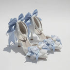 Elegant Ivory 6cm Heel Wedding Shoes with Blue Bows & Matching Bag