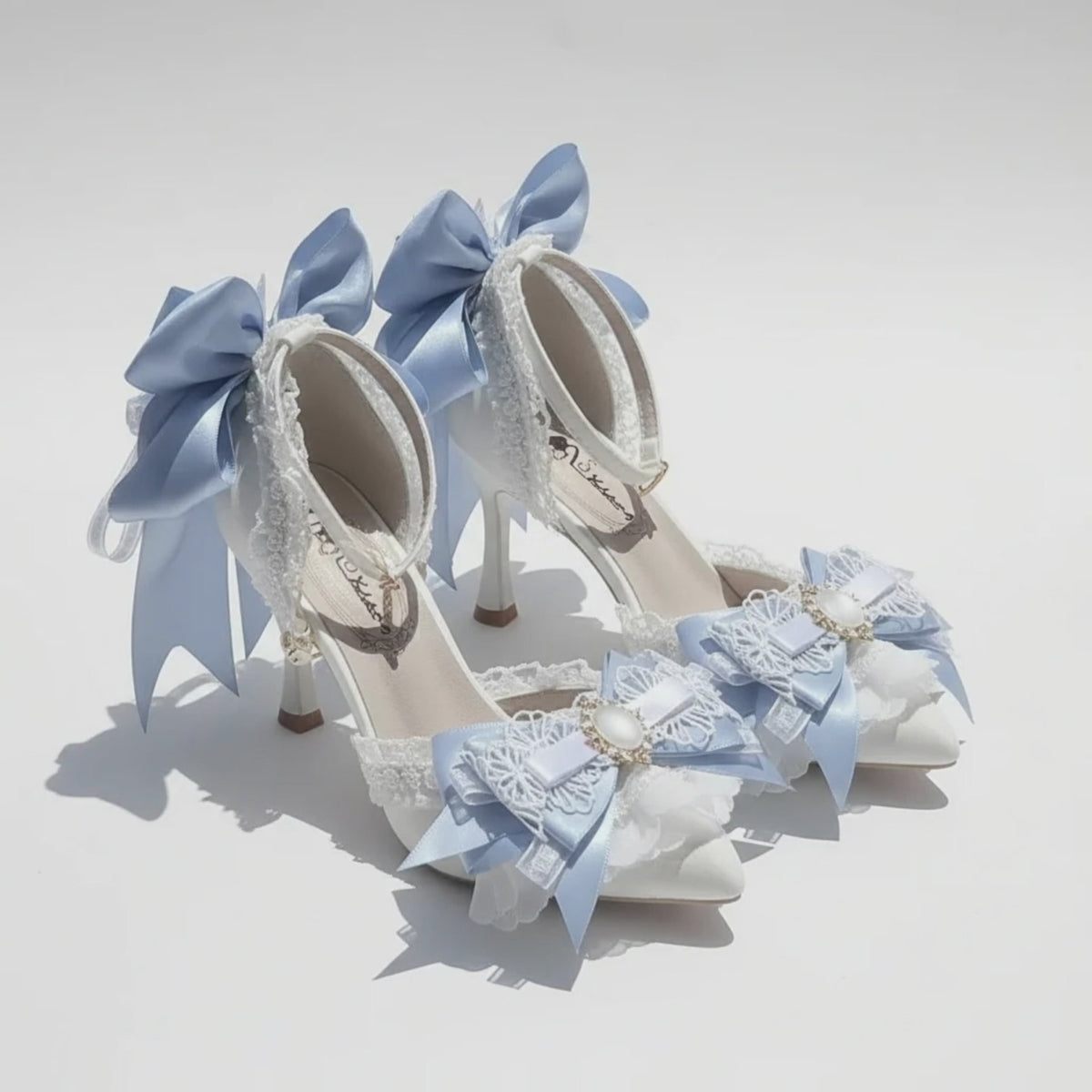 Elegant Ivory 6cm Heel Wedding Shoes with Blue Bows & Matching Bag