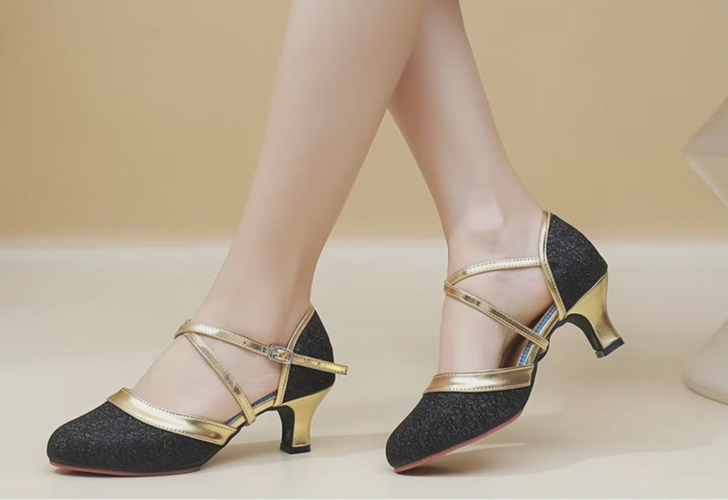 Black & Gold Latin Dance Shoes Mid Heel Ballroom Jazz