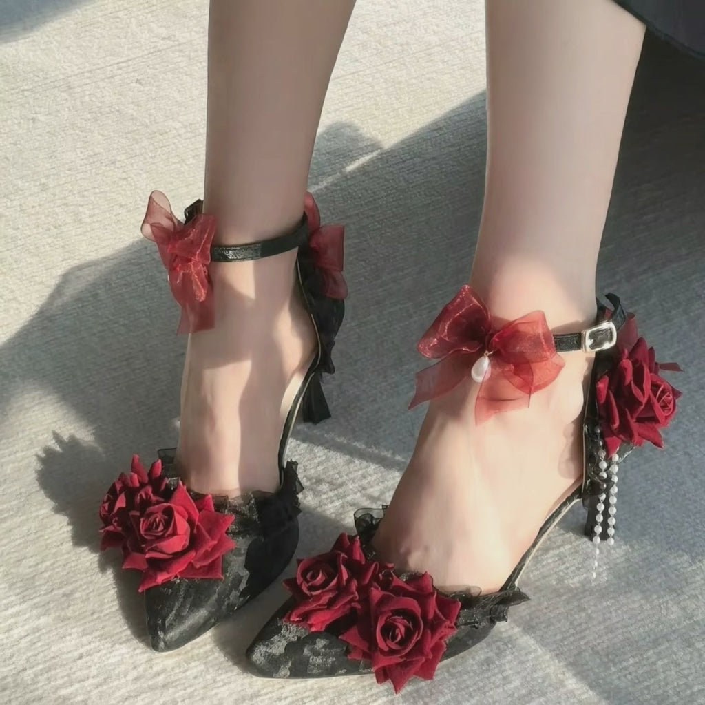 Black Satin Deluxe Heels with Red Roses & Pearls